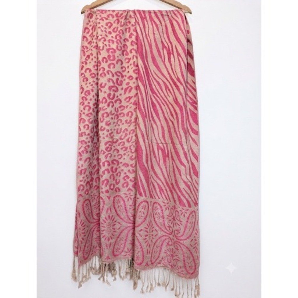 Hot Pink Mixed Animal Print Pashmina Scarf Zebra Leopard Paisley Fringe Wrap